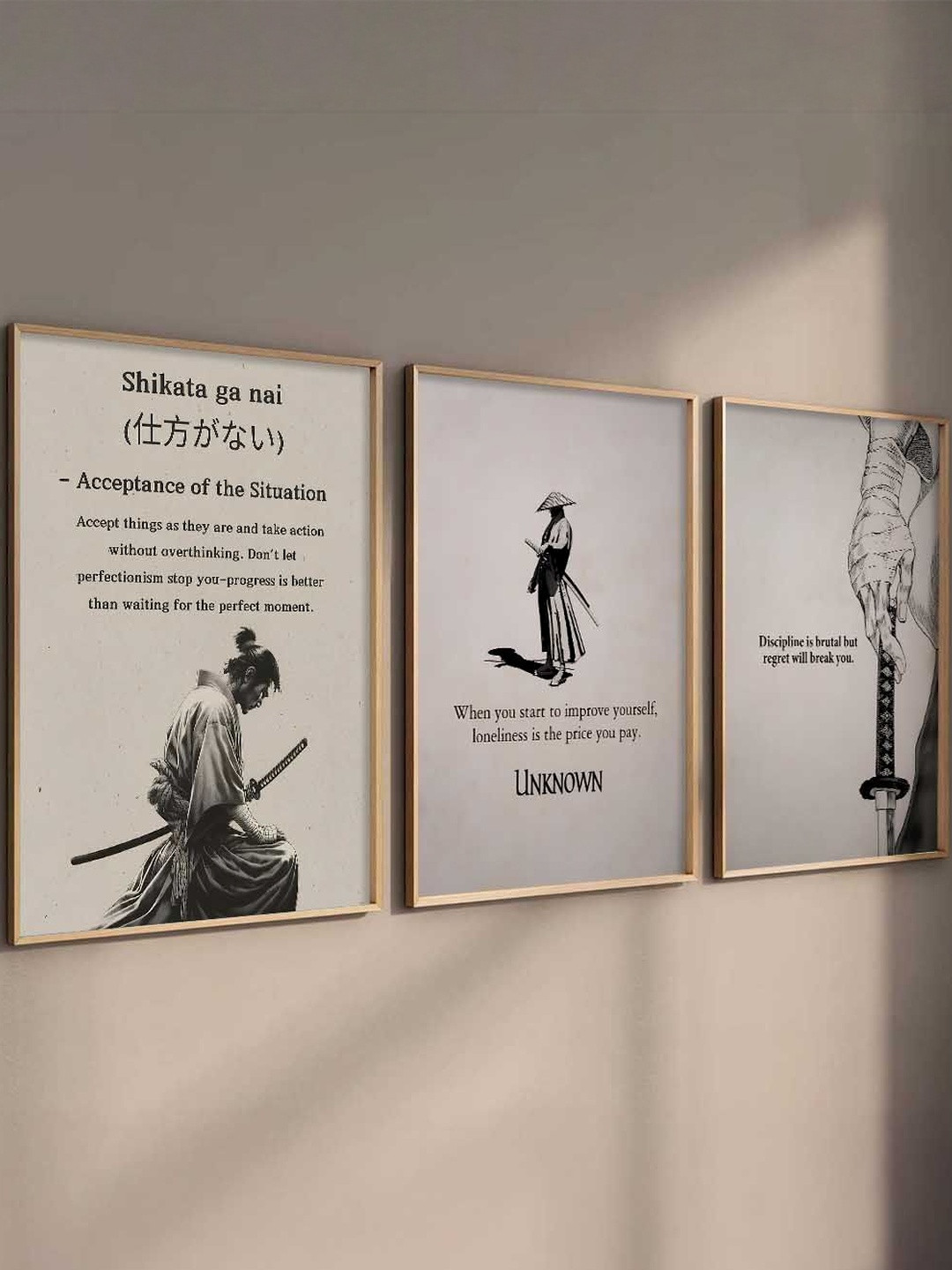 Kotart Brown & Grey 3 Pieces Samurai Printed Wooden Wall Arts