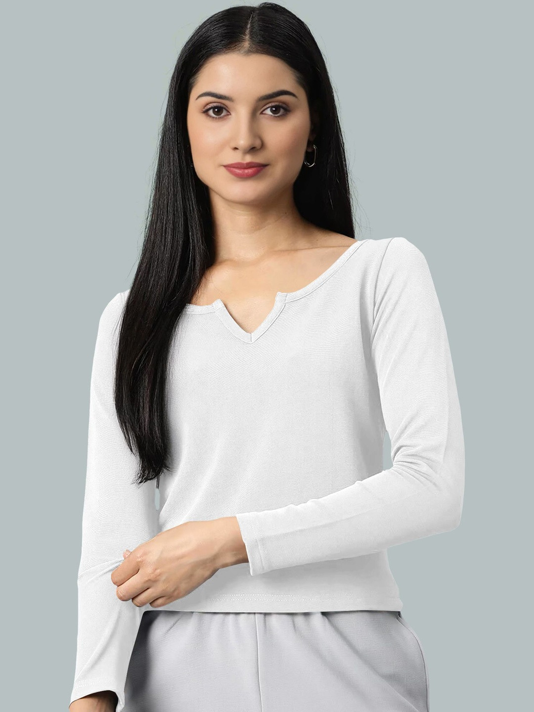 Maheshvi Women Solid Long Sleeves V-Neck Basic Top