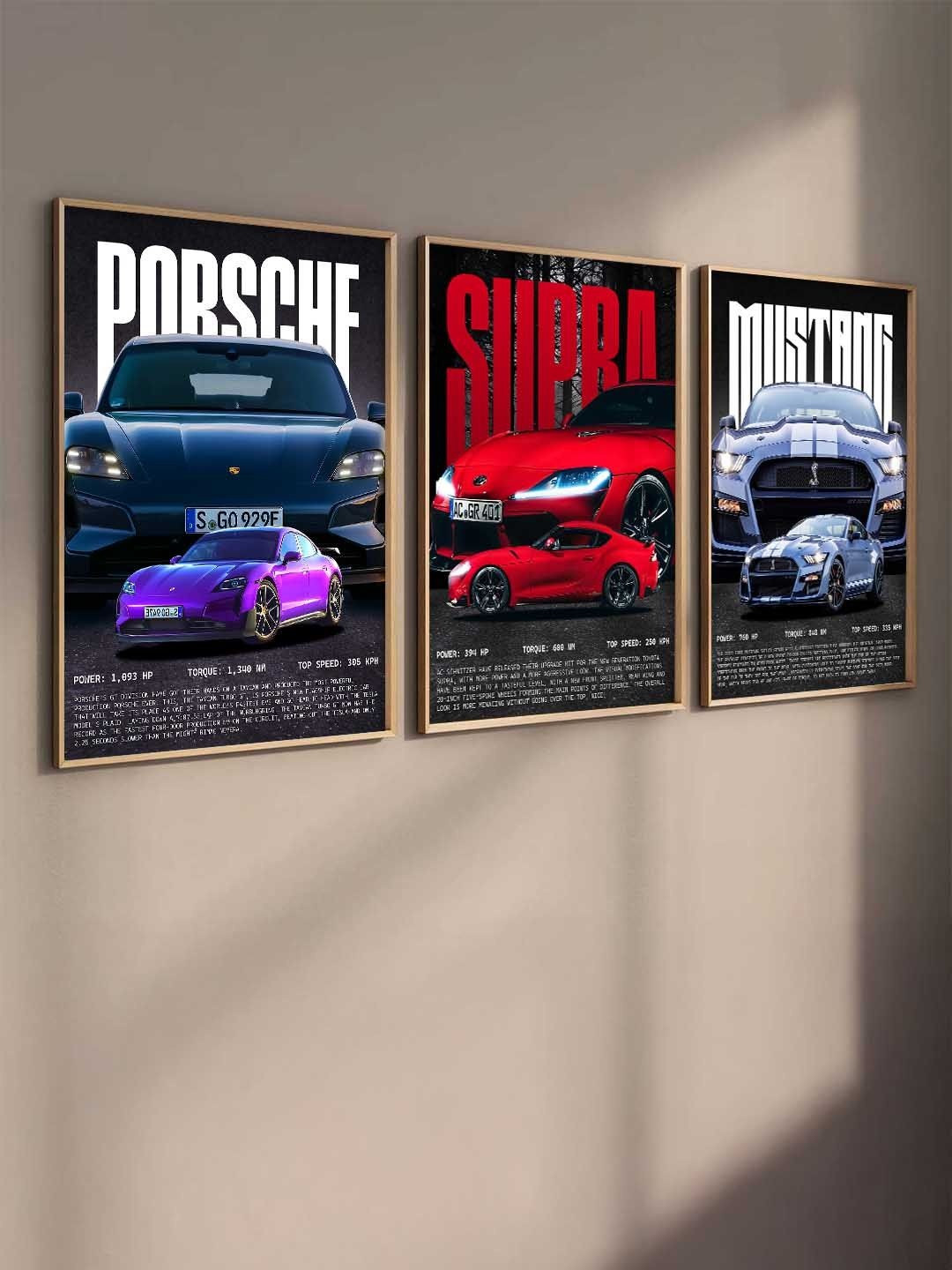 WALLLANE Red And Blue 3 Pieces Wooden Sports Car Framed Wall Photographs