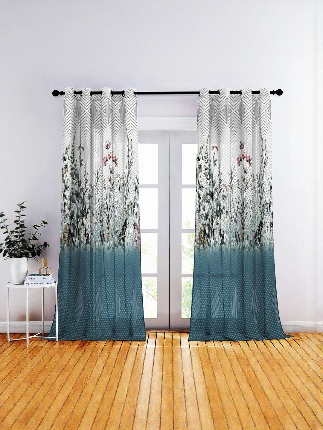 CASABLEU Sultanahmet Teal & White 2 Pieces Floral Printed Sheer Long Door Curtain