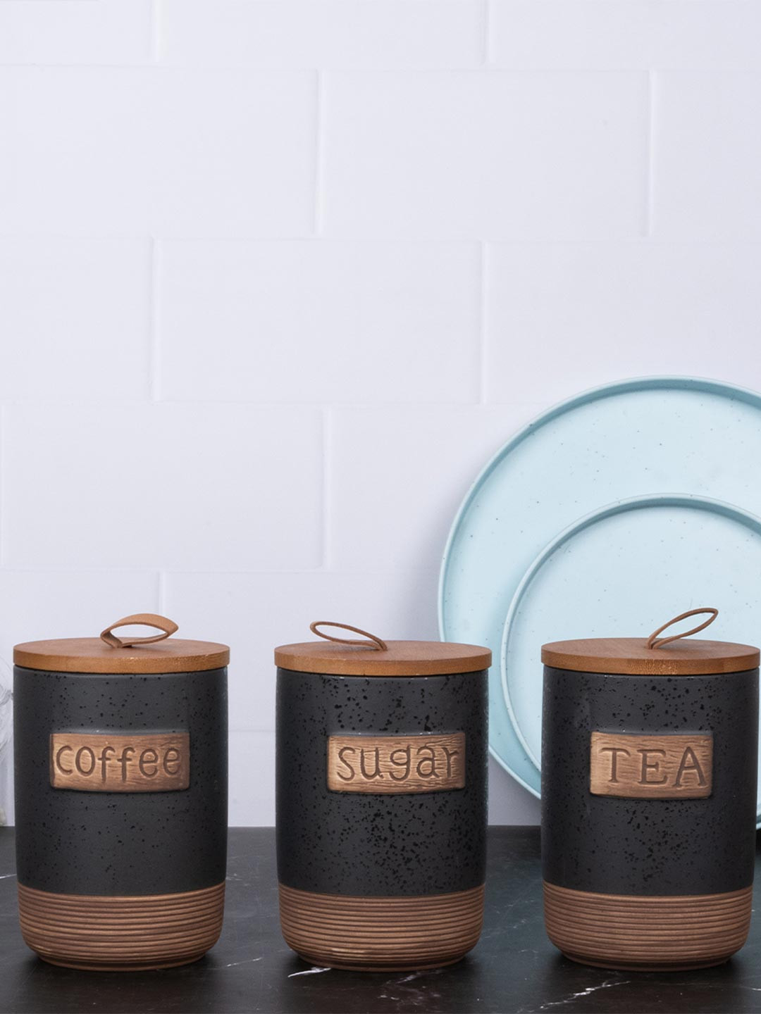 AARVI DECOR STUDIO Black Set of 3 Ceramic Easy to Clean Jar Container