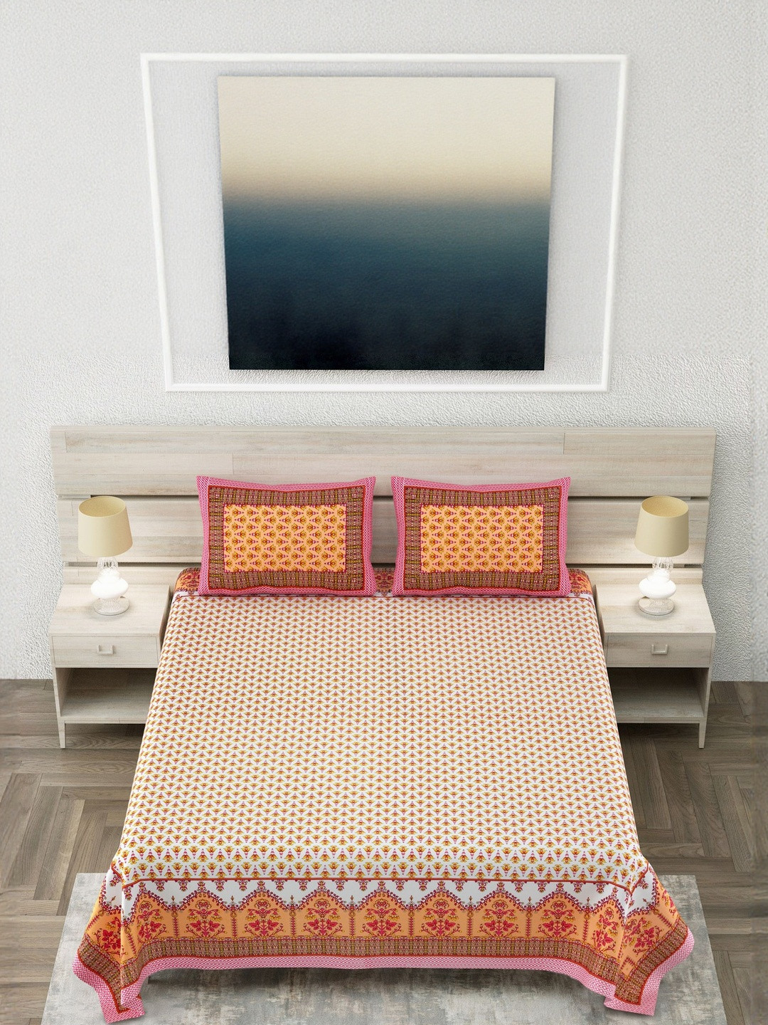 SP DESIGNS Off White & Yellow Floral Pure Cotton 240TC Super King Bedsheet Set-2.74mX2.74m
