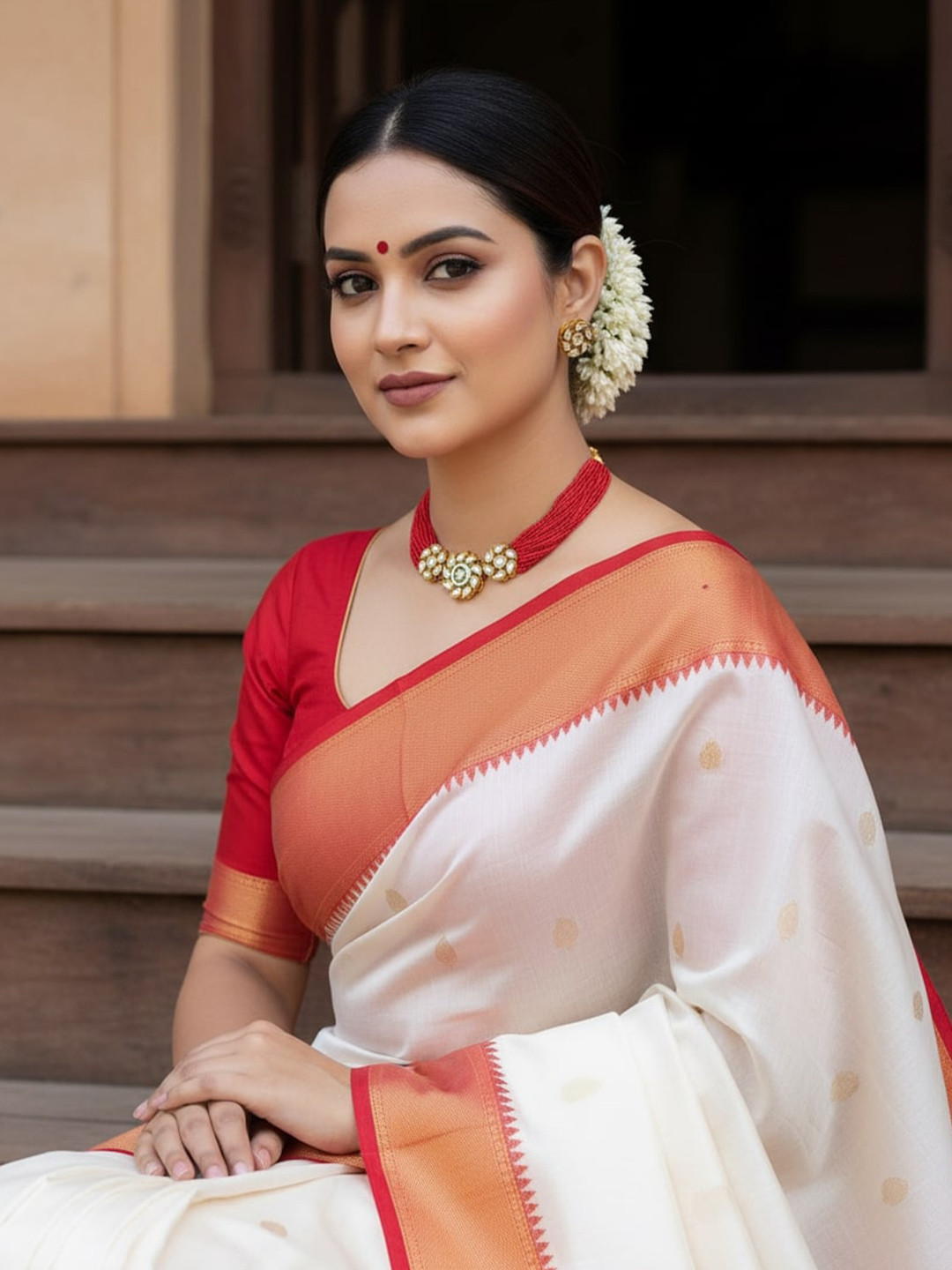 FIROZA Gold-Plated Red & White Kundan & AD-Studded & Beaded Vilandi Jewellery Set