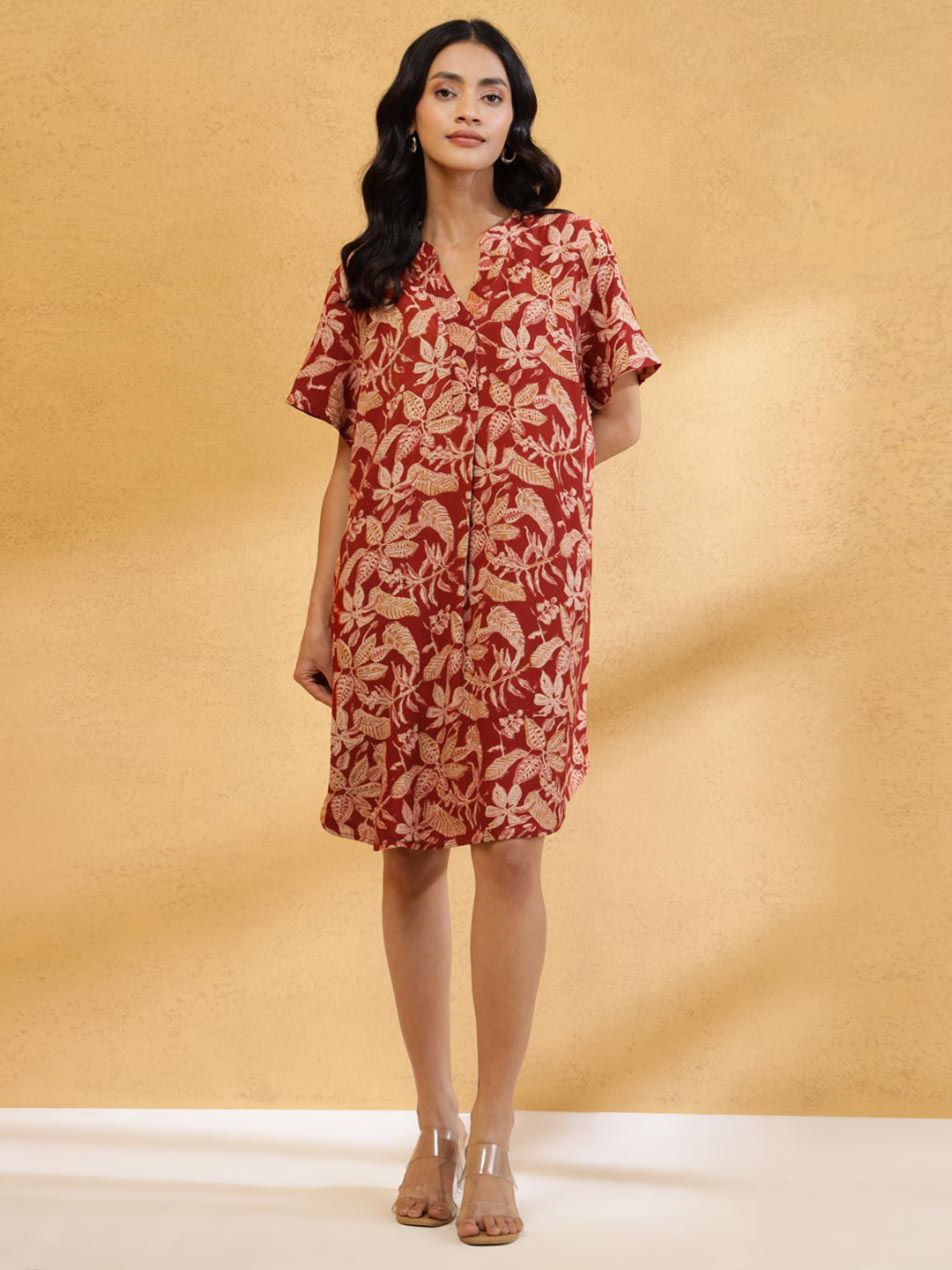 Fabindia Women Ethnic Motifs Printed V-Neck Flared Sleeves A-Line Dress