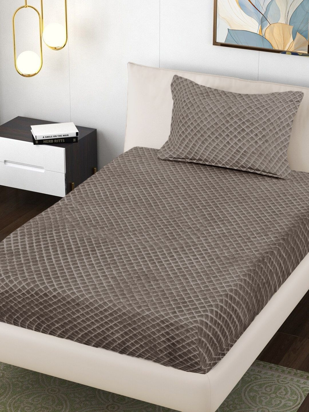 FABINALIV Taupe & White Geometric Woollen 300 TC Single Bedsheet Set-2.25 m X 1.50 m