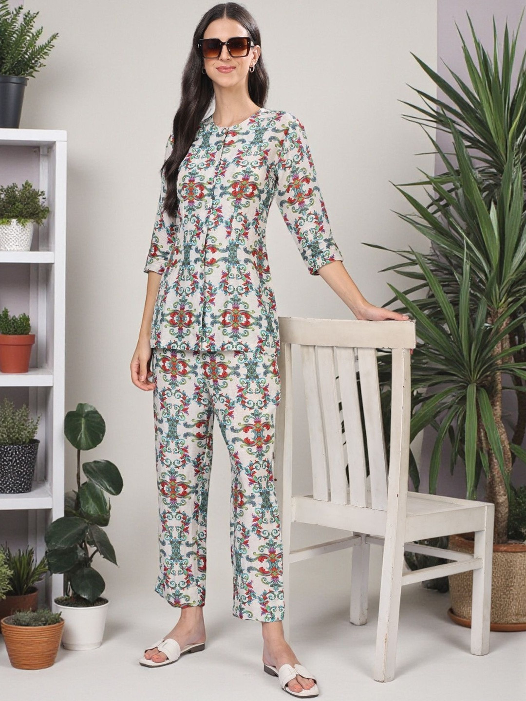 hazelglow Printed Round Neck Pure Silk Tunic With Trouser
