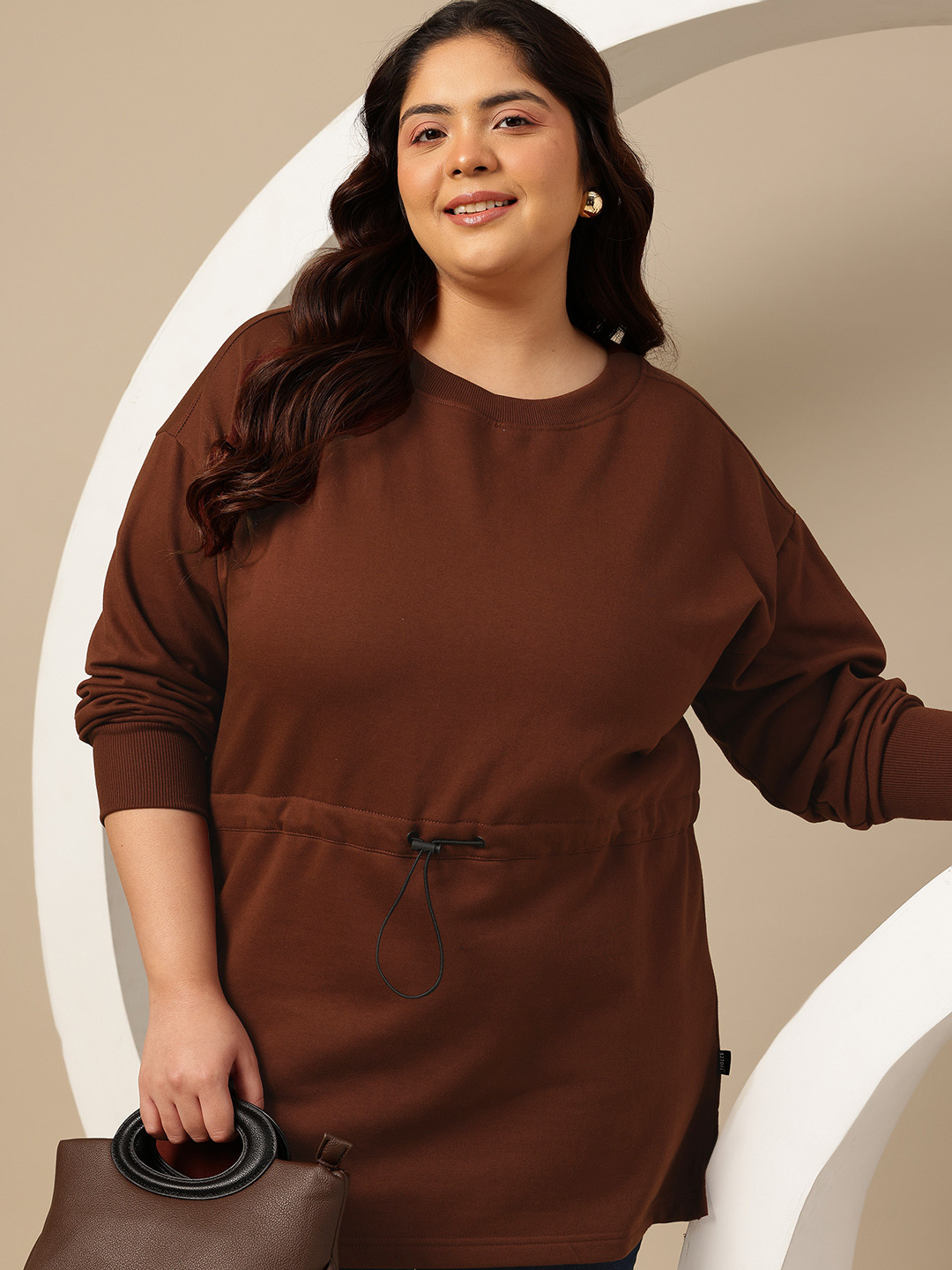 Sztori Plus Size Cinched Waist Longline Fleece Sweatshirt