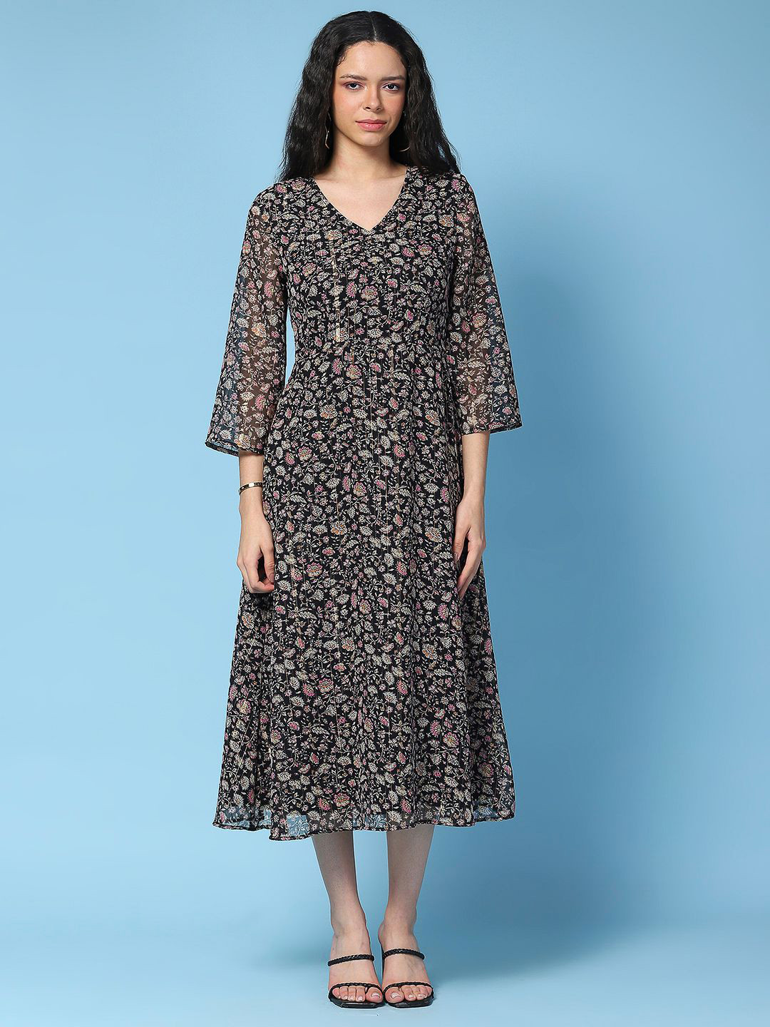 HERE&NOW Women Floral Printed Georgette A-Line Midi Dress
