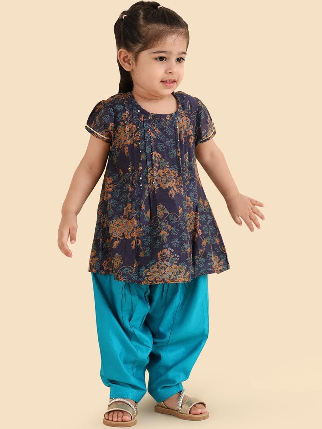 Fabindia Girls Floral Printed Pleated Kurti with Patiala