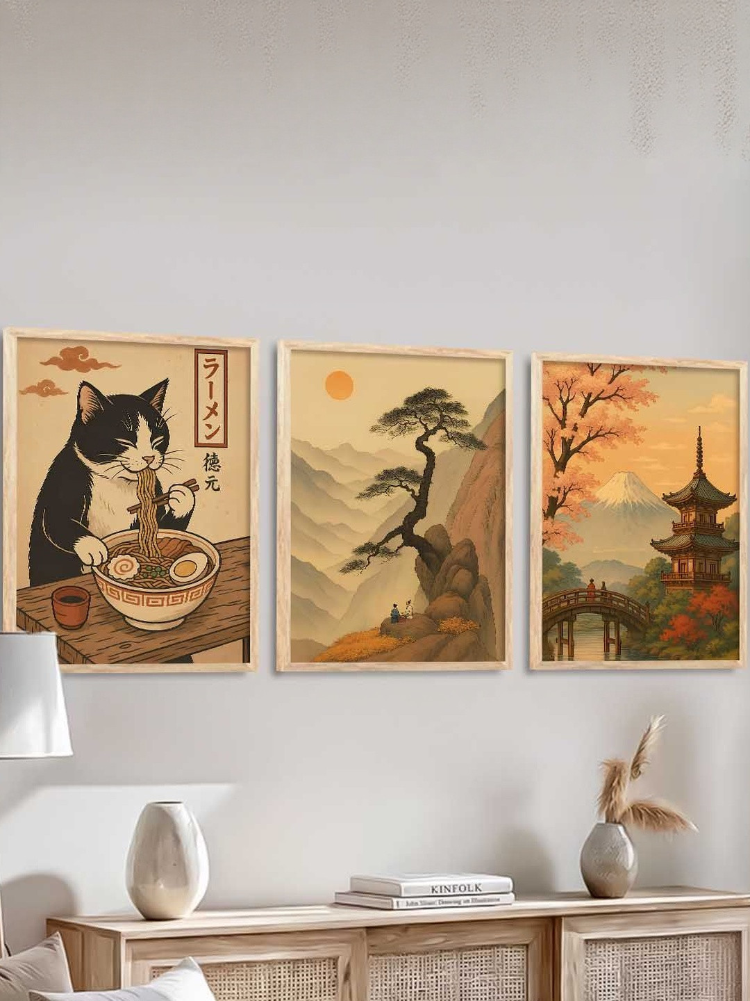 Kotart Beige & Black 3 Pieces Japanese Art Wooden Rectangle Wall Arts-13X17 Inch