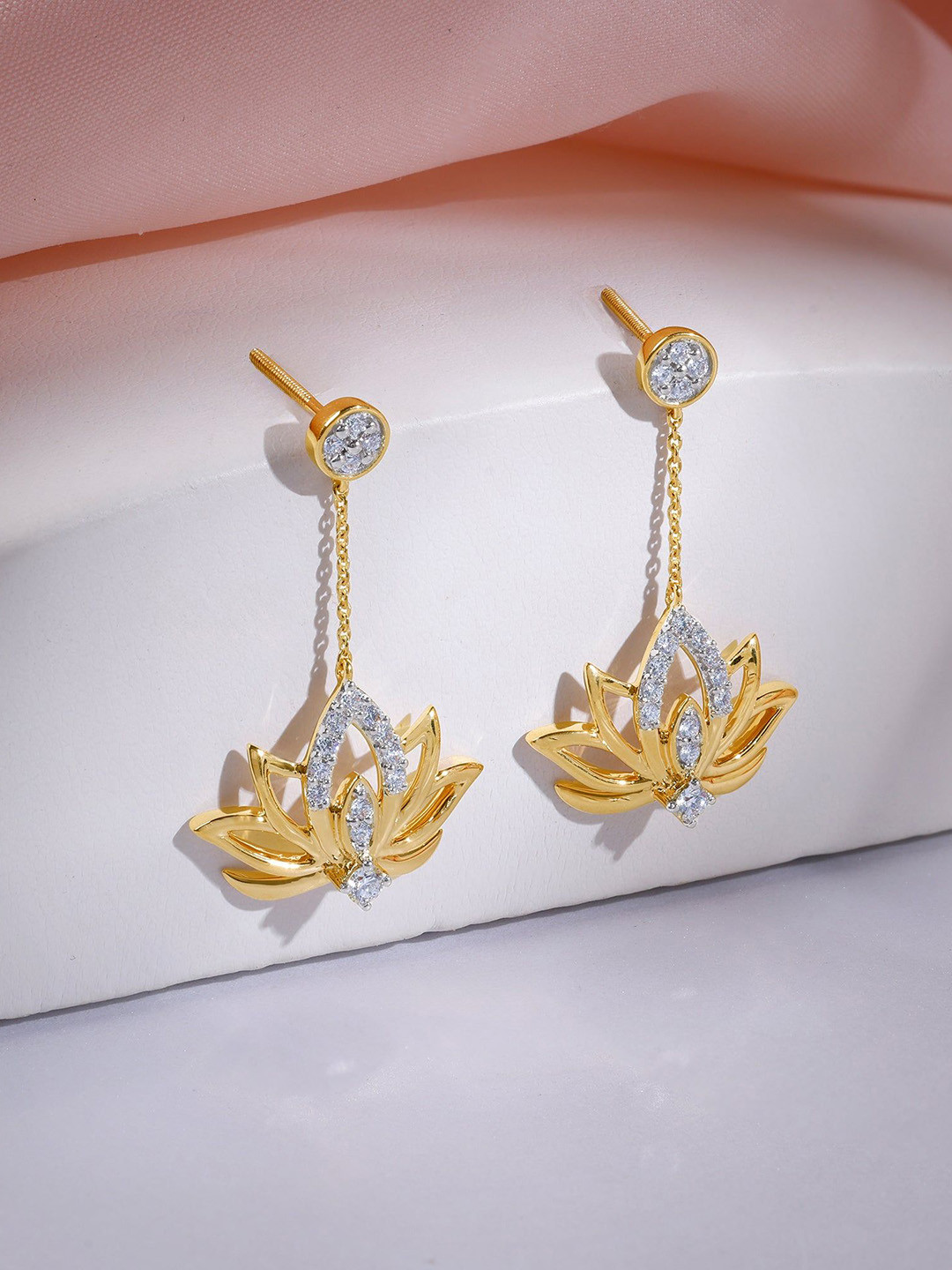 GIVA Gold Lotus Diamond Dangler Earrings-4.61 gms