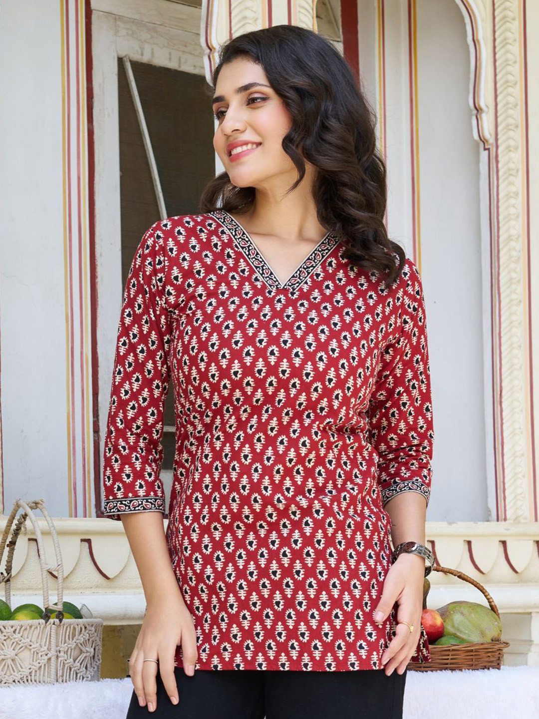 Kaftanize Brick Red Short kurti With Black Block Print