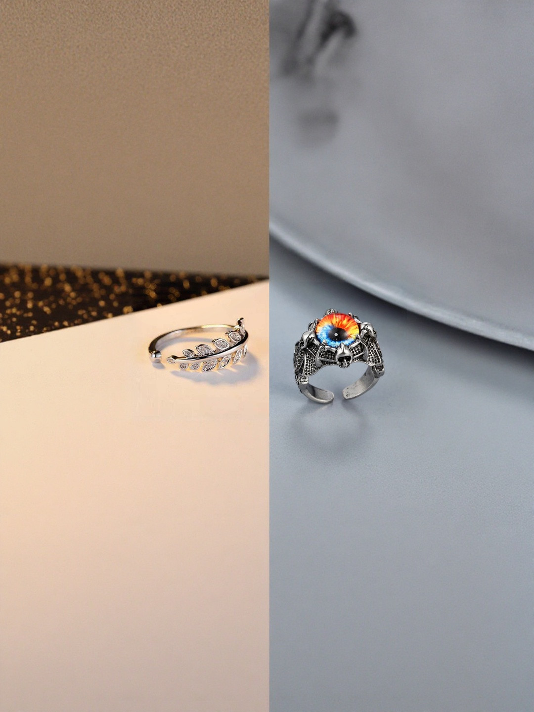 Teeragaj Set Of 2 Stones Studded Leaf & Evil Eye Adjustable Finger Rings