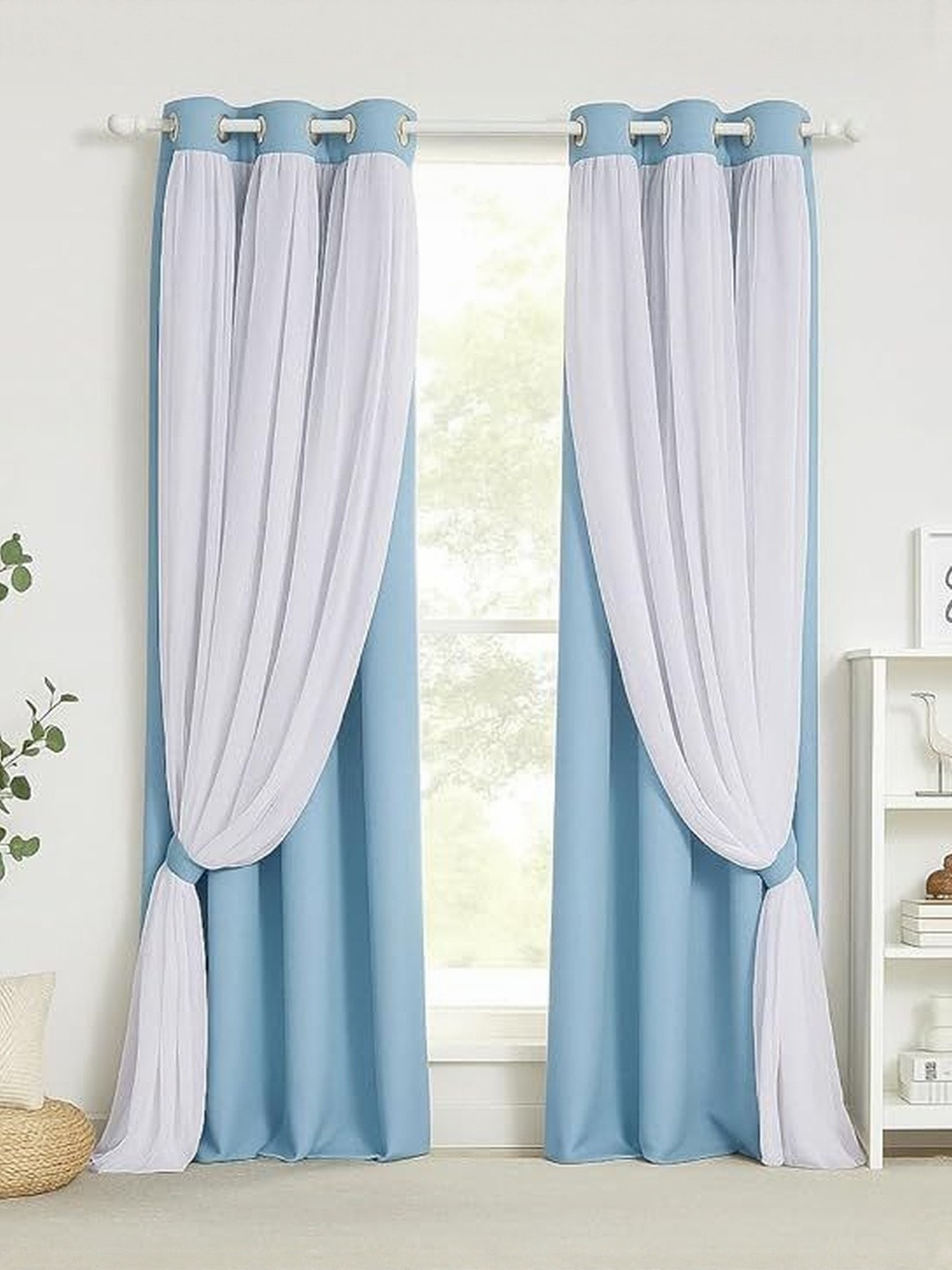 BFAM Blue & White 2 Pieces Thermal Insulated Black Out Door Curtains