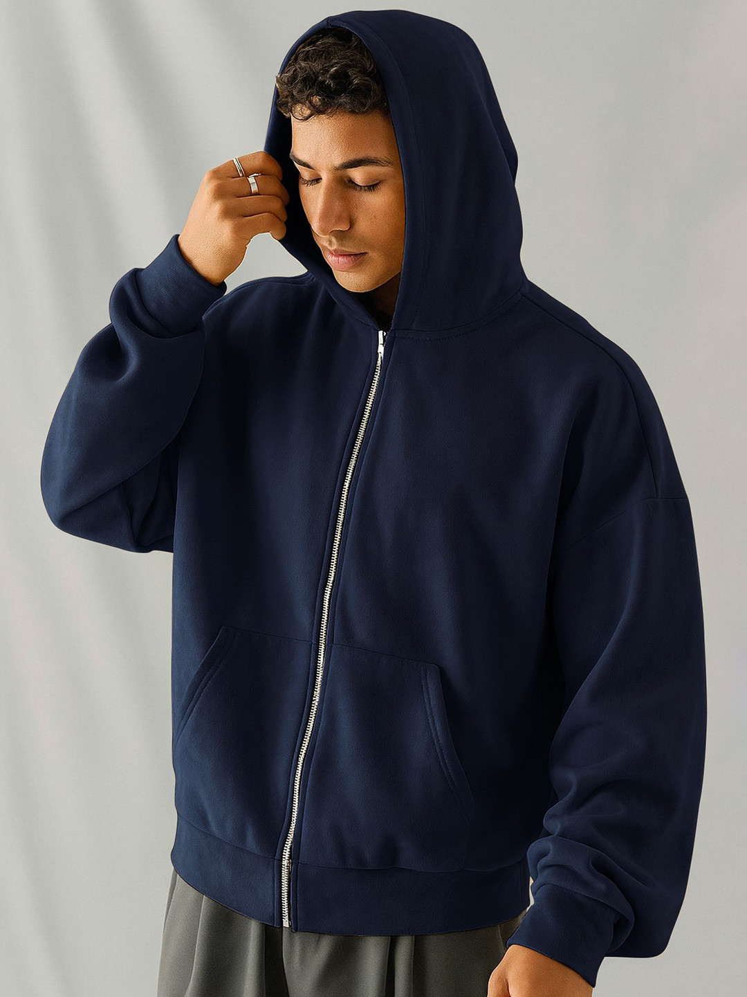 JUMPCUTS Men Solid Long Sleeves Hooded Front Open Sweatshirt