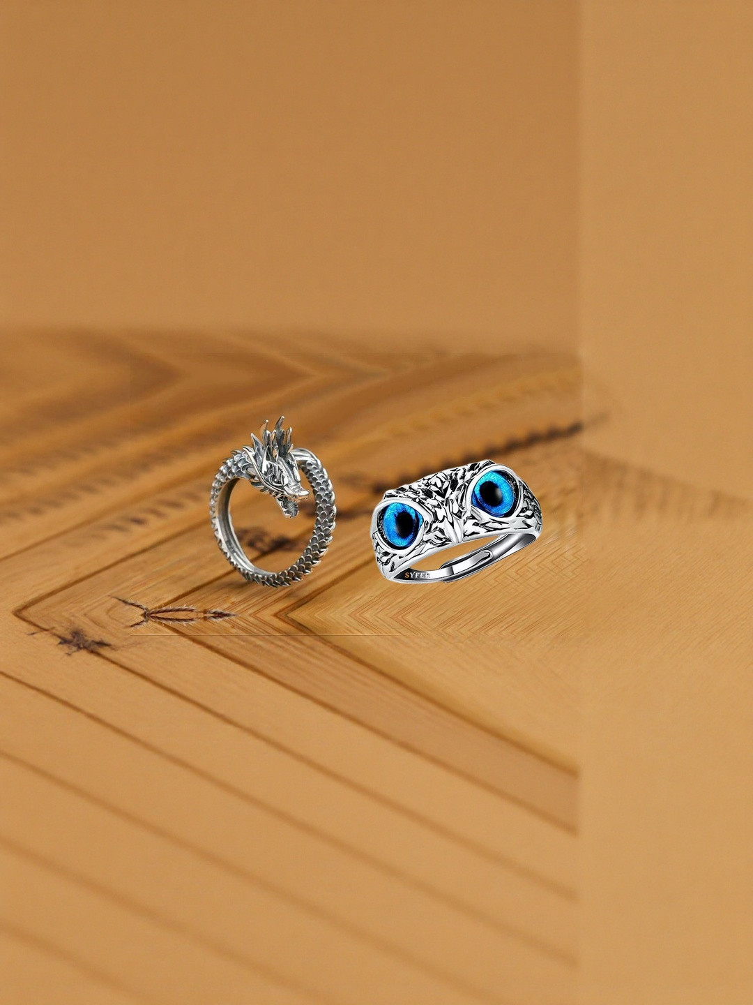 Teeragaj Set of 2 Silver-Toned Owl & Dragon Shaped Adjustable Finger Ring