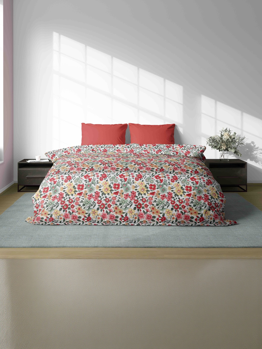 Ackross White & Red Floral Printed 90 GSM Reversible Microfibre Single Dohar