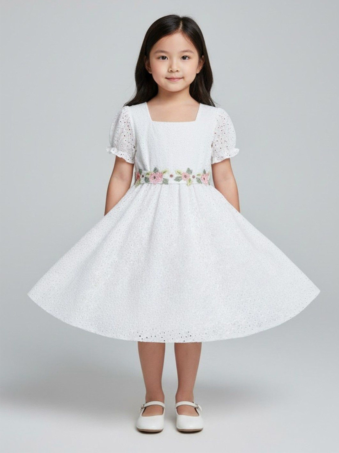 Miss & Chief Girls Gathered or Pleated Schiffli Puff Sleeve Fit & Flare Dress