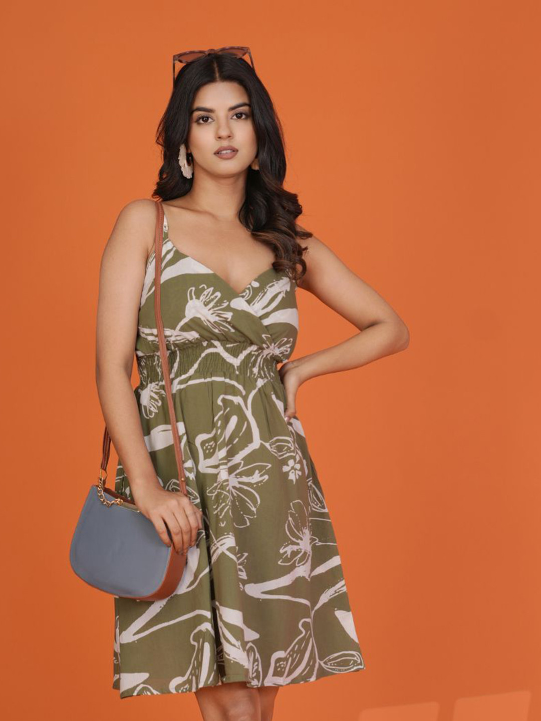 Kaftanize Women Fern Green Cotton Cambric Strappy Printed Mini Dress