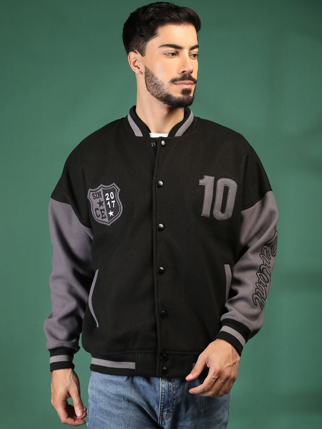 Roadster Men Colourblocked Varsity Jacket with Patchwork