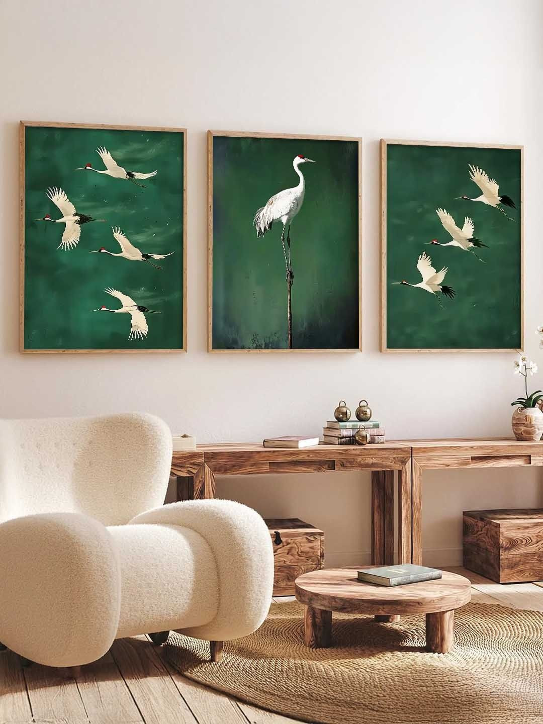 Kotart Brown & Green 3 Pieces Swans Printed Wooden Wall Arts