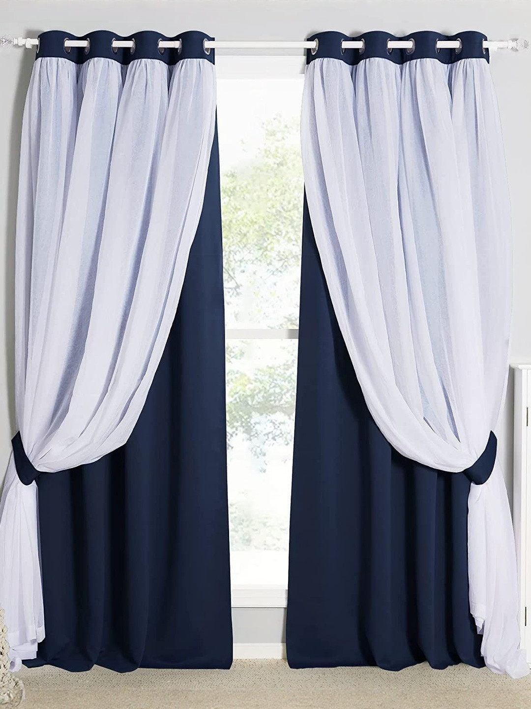 BFAM Navy Blue & White 2 Pieces Thermal Insulated Black Out Door Curtains
