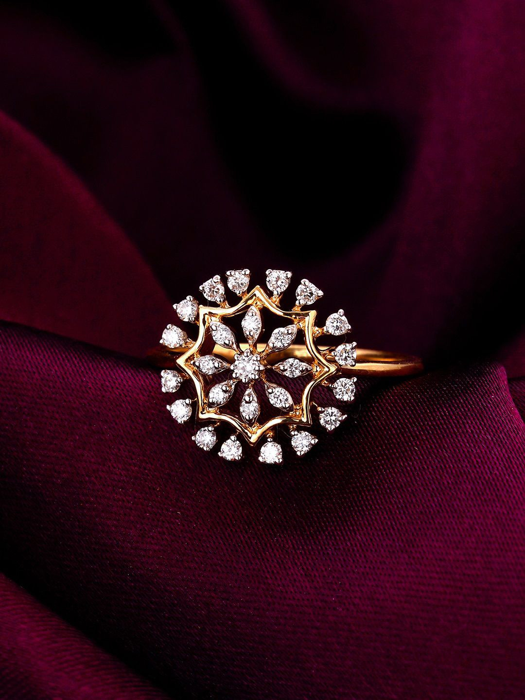 GIVA 14KT BIS Hall Mark Yellow Gold Glamorous Floral Diamond Ring, Fixed Size, Indian-2.228 gms