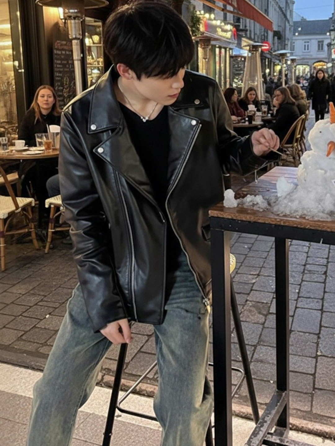 HERE&NOW Leather Lapel Collar Biker Jacket