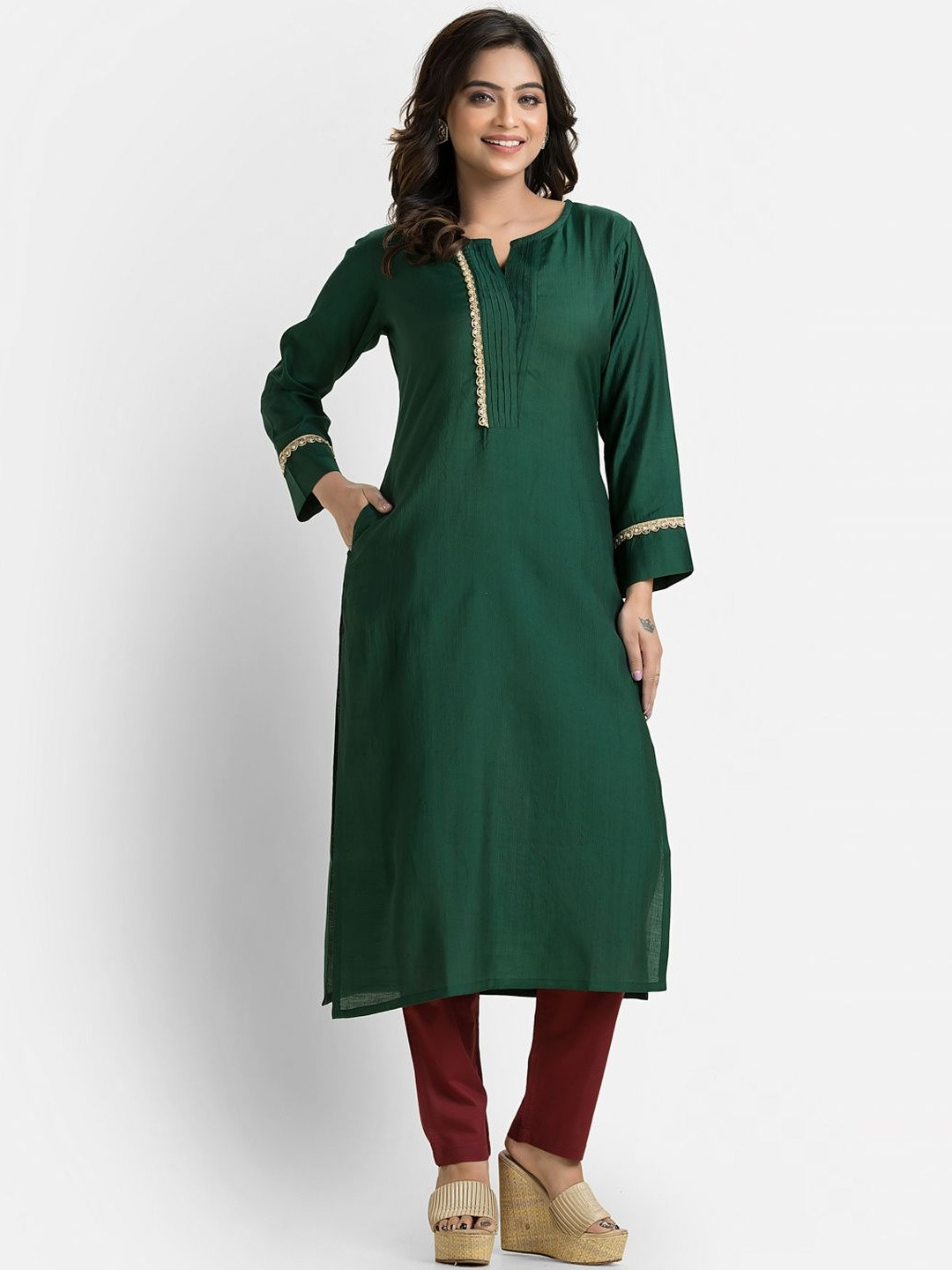 Crazy Needle Notch Neck Three-Quarter Sleeves Pure Silk Straight Kurta