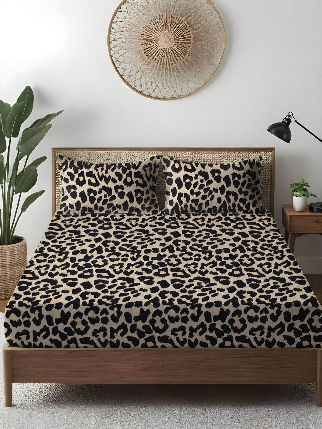 WEAVE AND DECOR Beige 300 TC Printed Double Size Microfiber Bedsheet Set- 2.28m x 2.28m