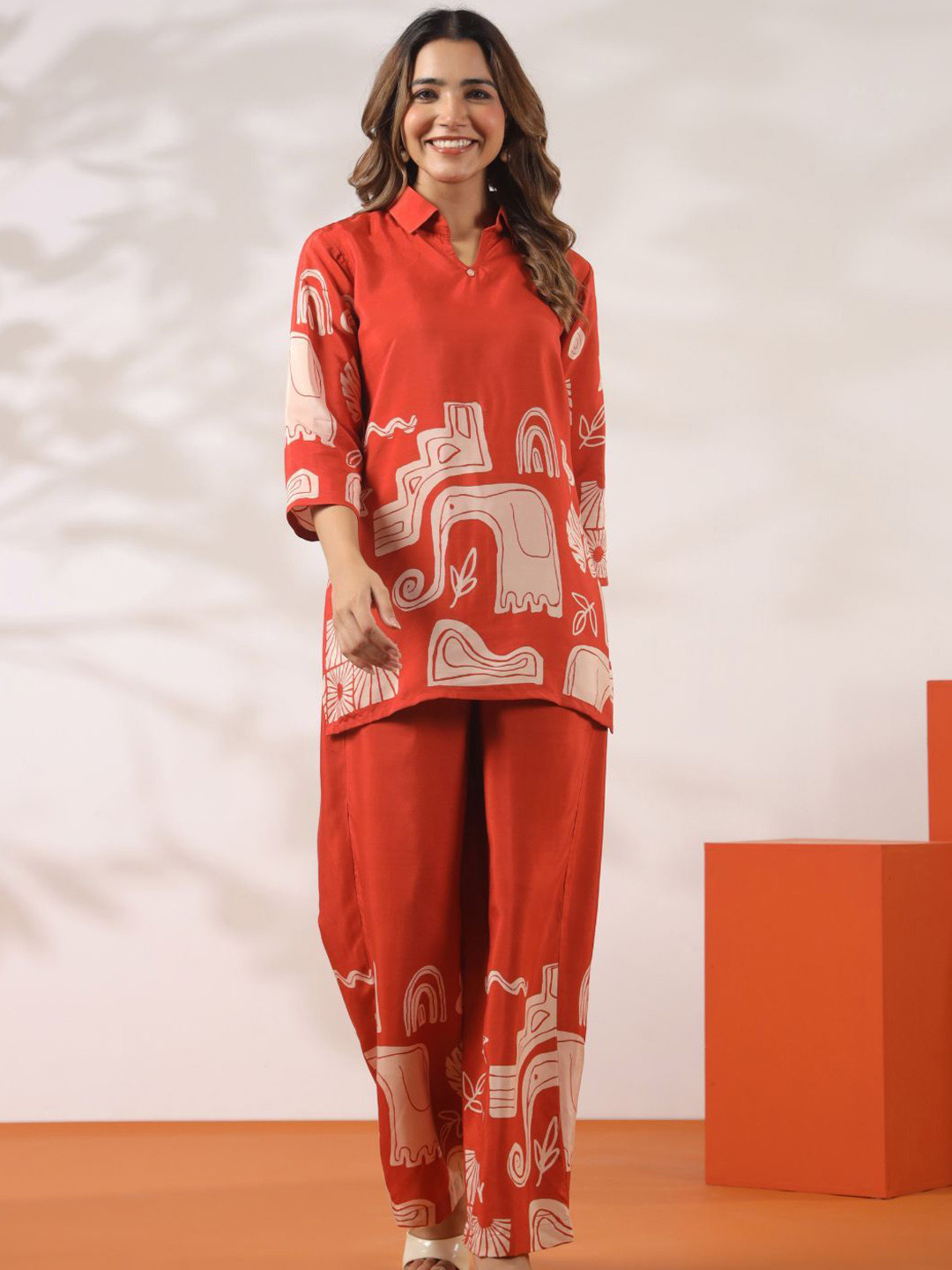 Kaftanize Abstract Elephant Printed Shirt Collar Top With Trousers Co-Ords Set