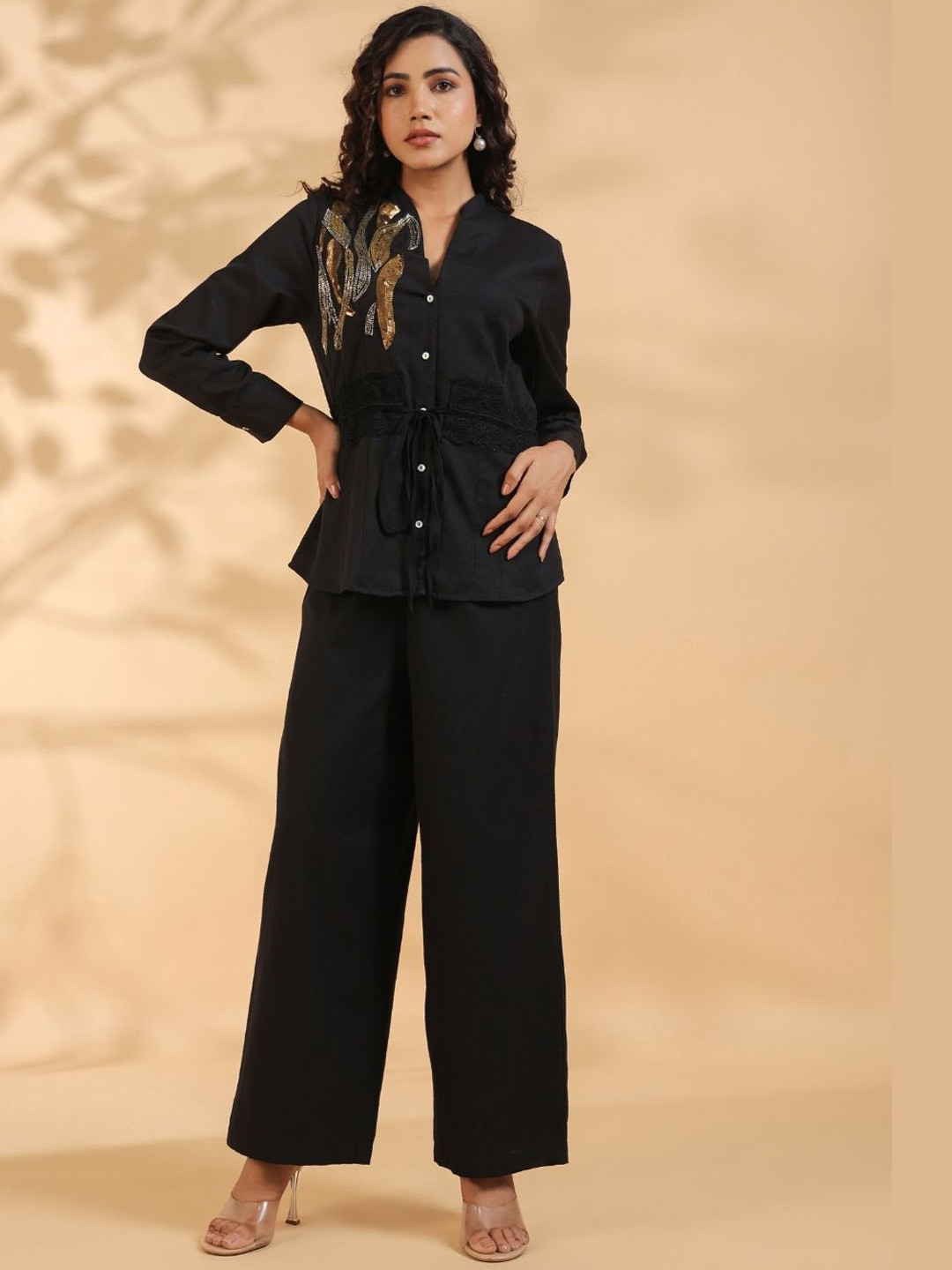 Kaftanize Women Black Sequence Work Tie Front With Lace Co-Ords