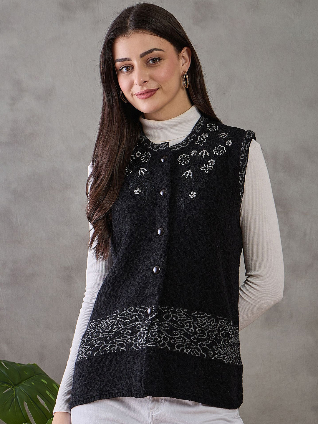 Chemistry Women Floral Self Design Round Neck Straight Sweater Vests