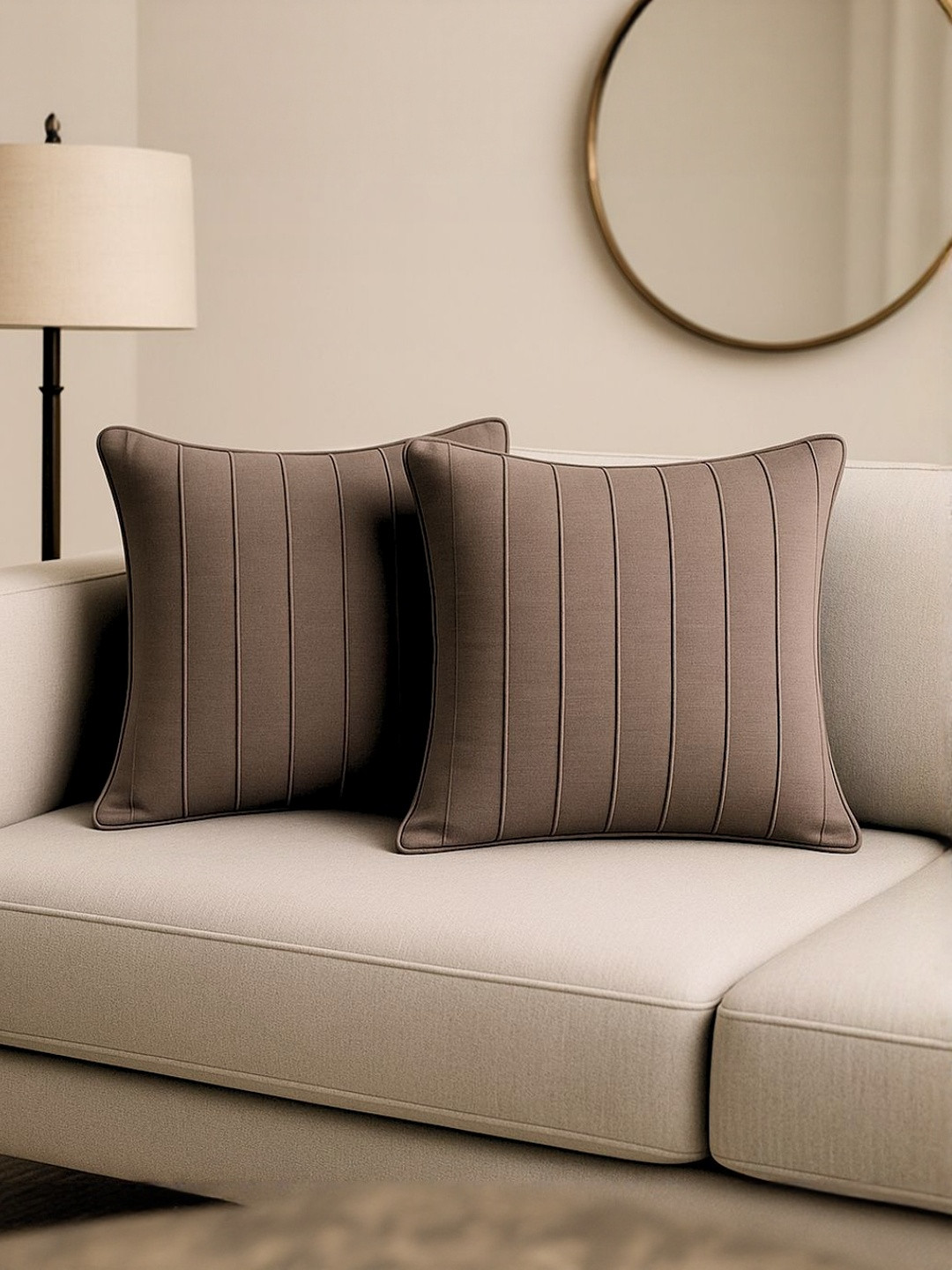 Attica Tracery Brown 2 Pieces Self Design Duck Cotton Square Cushion Covers