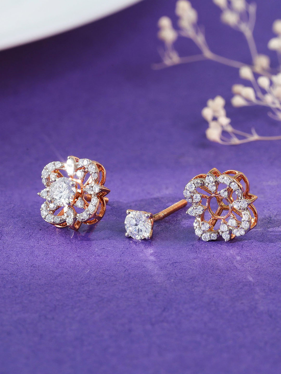 GIVA Rose Gold Floral Twist Diamond Earrings-2.73 gms