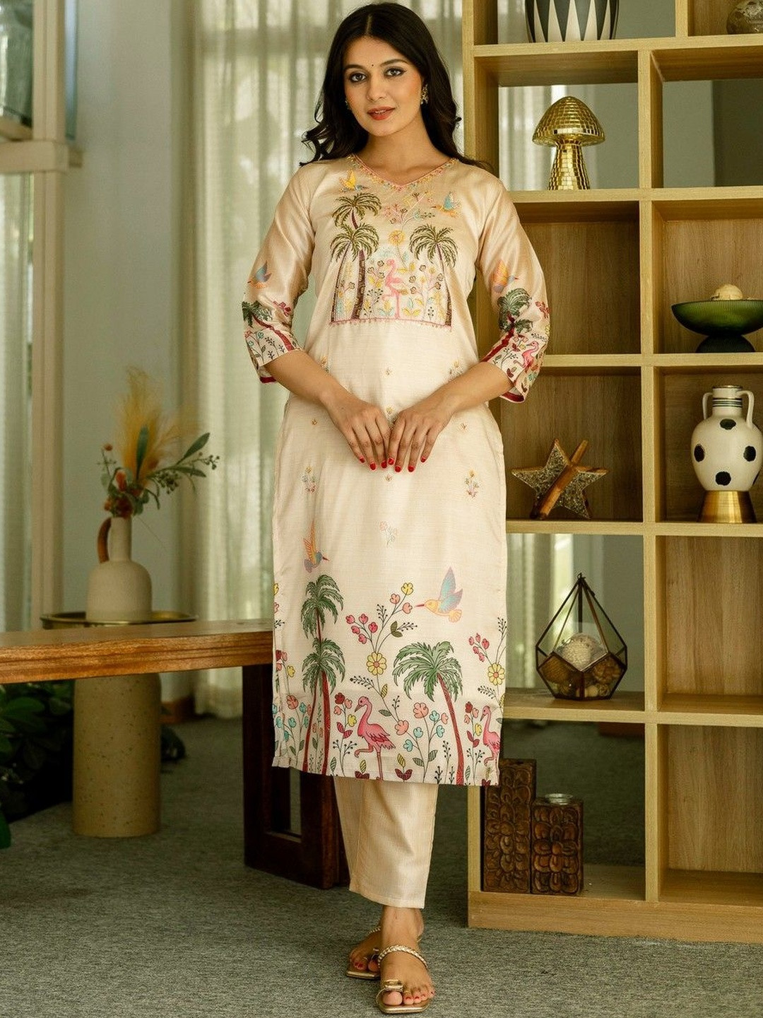 KALINI Women Viscose Assam Silk Embroidered Straight Kurta with Pant And Dupatta Set