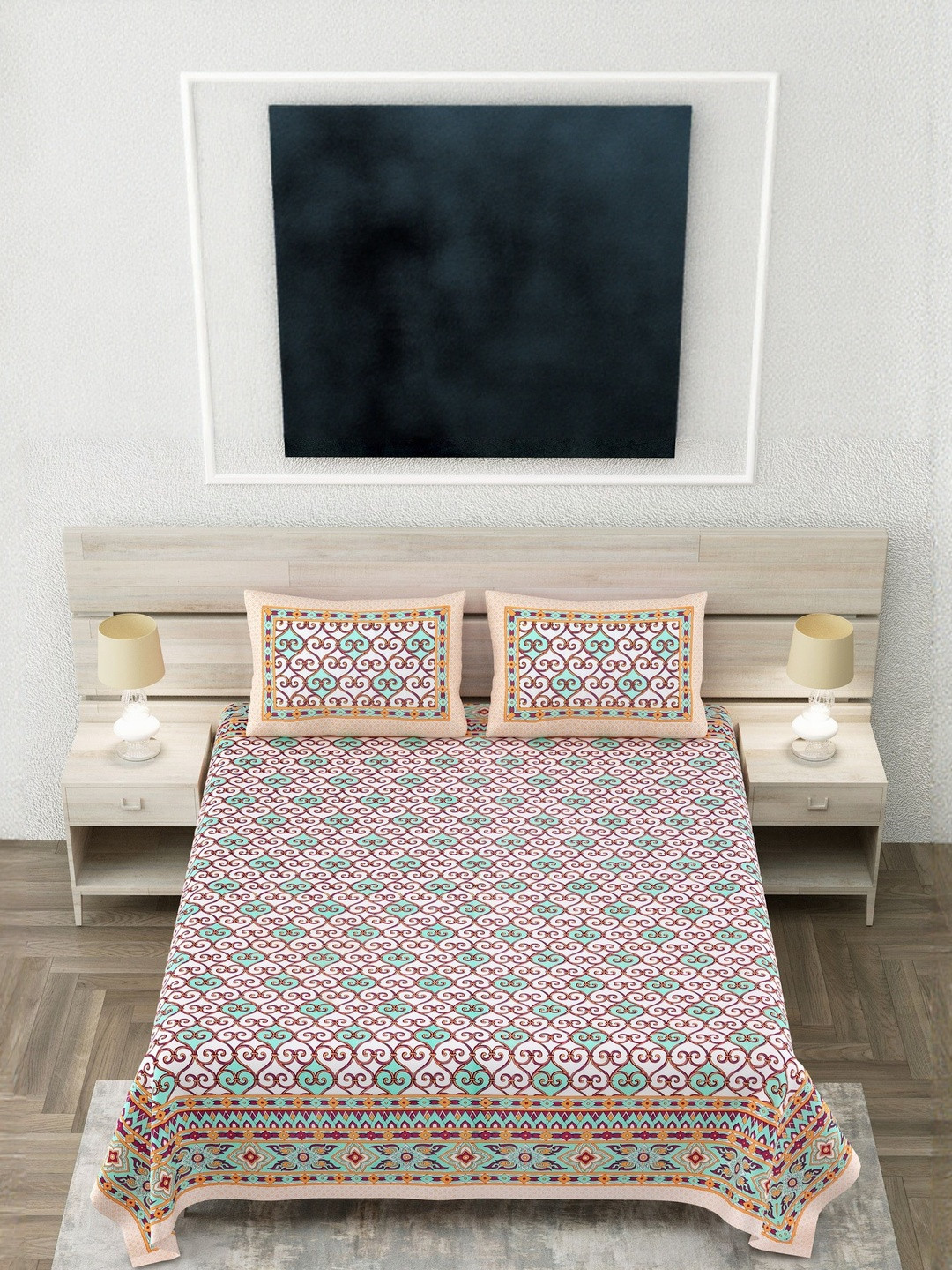 SP DESIGNS White & Sea Green Floral Pure Cotton 240 TC Super King Bedsheet Set-2.74mX2.74m