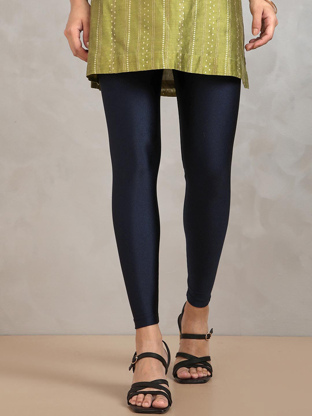 TWIN BIRDS  Women Nylon Solid Navy Blue Shimmer Legging