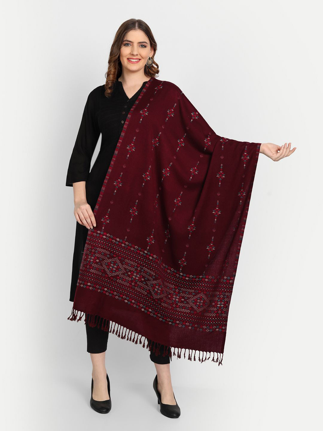 Hemkunt Fabric Women Woven Design Stole With Tasselled Border