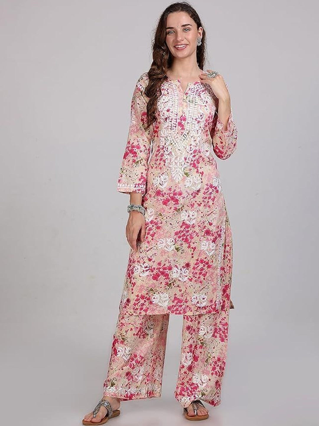 pkz lucknawi chikan Floral Emboidered Chikankari Chanderi Cotton Kurta With Palazzos