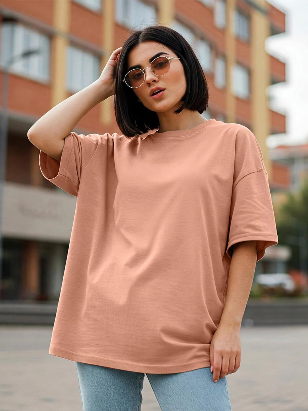 JUNEBERRY Women Brown Solid Round Neck Relaxed Fit Pure Cotton Oversized T-Shirt