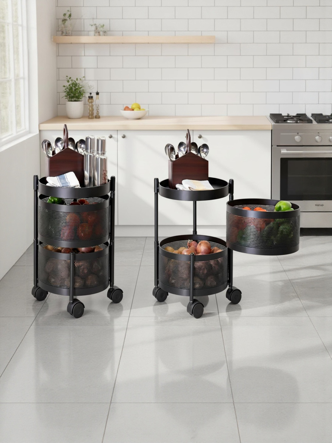 JD FRESH Black 2 Pieces Super Strong Round Kitchen Trolley