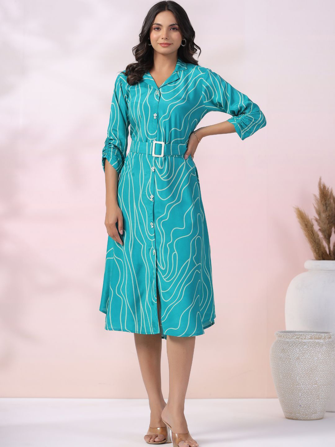 Kaftanize Cotton Abstract Printed Shirt Collar Midi Shirt Dresses With Belted