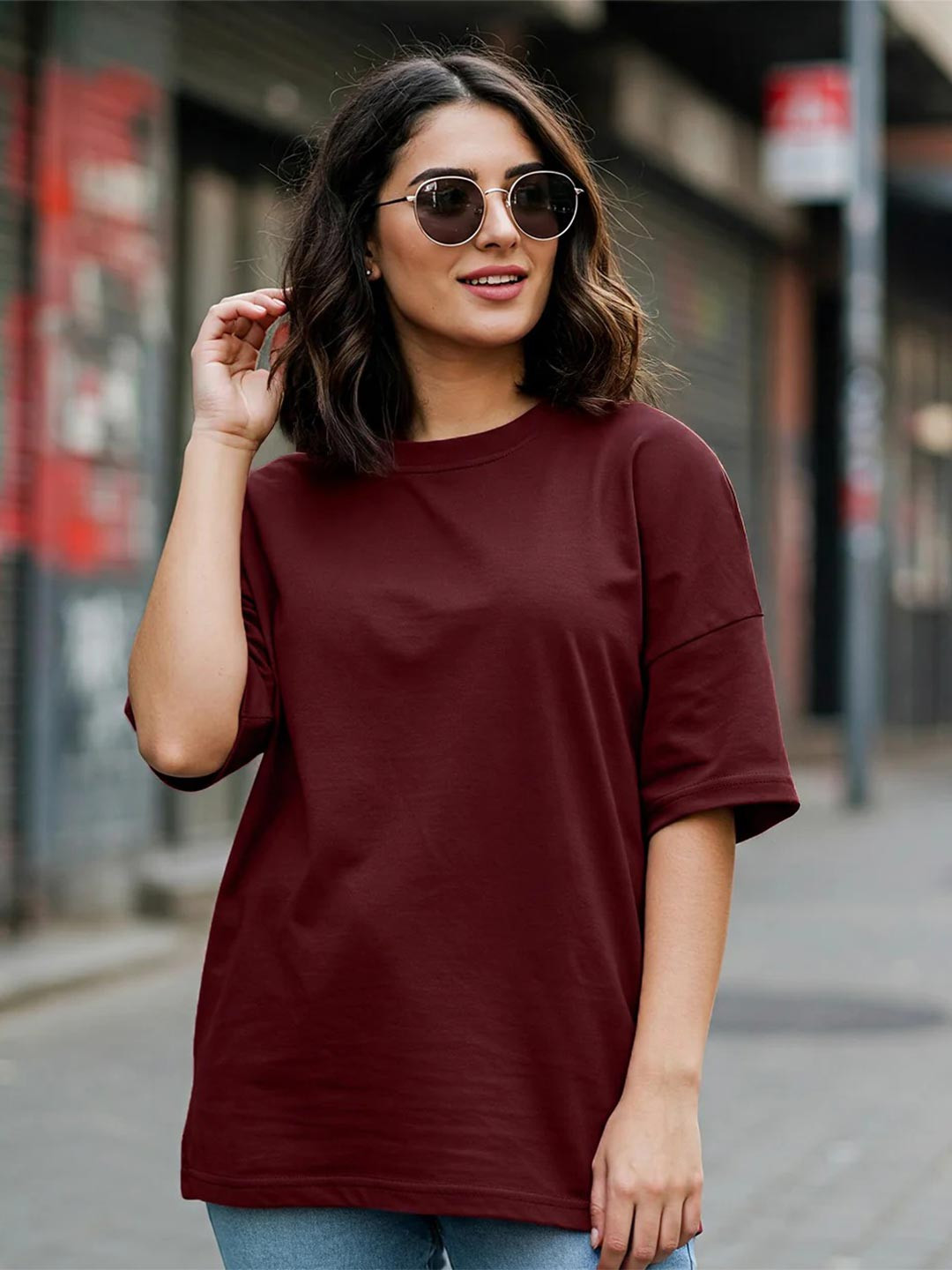 JUNEBERRY Maroon Solid Bio Finish Round Neck Relaxed Fit Pure Cotton Oversized T-Shirt