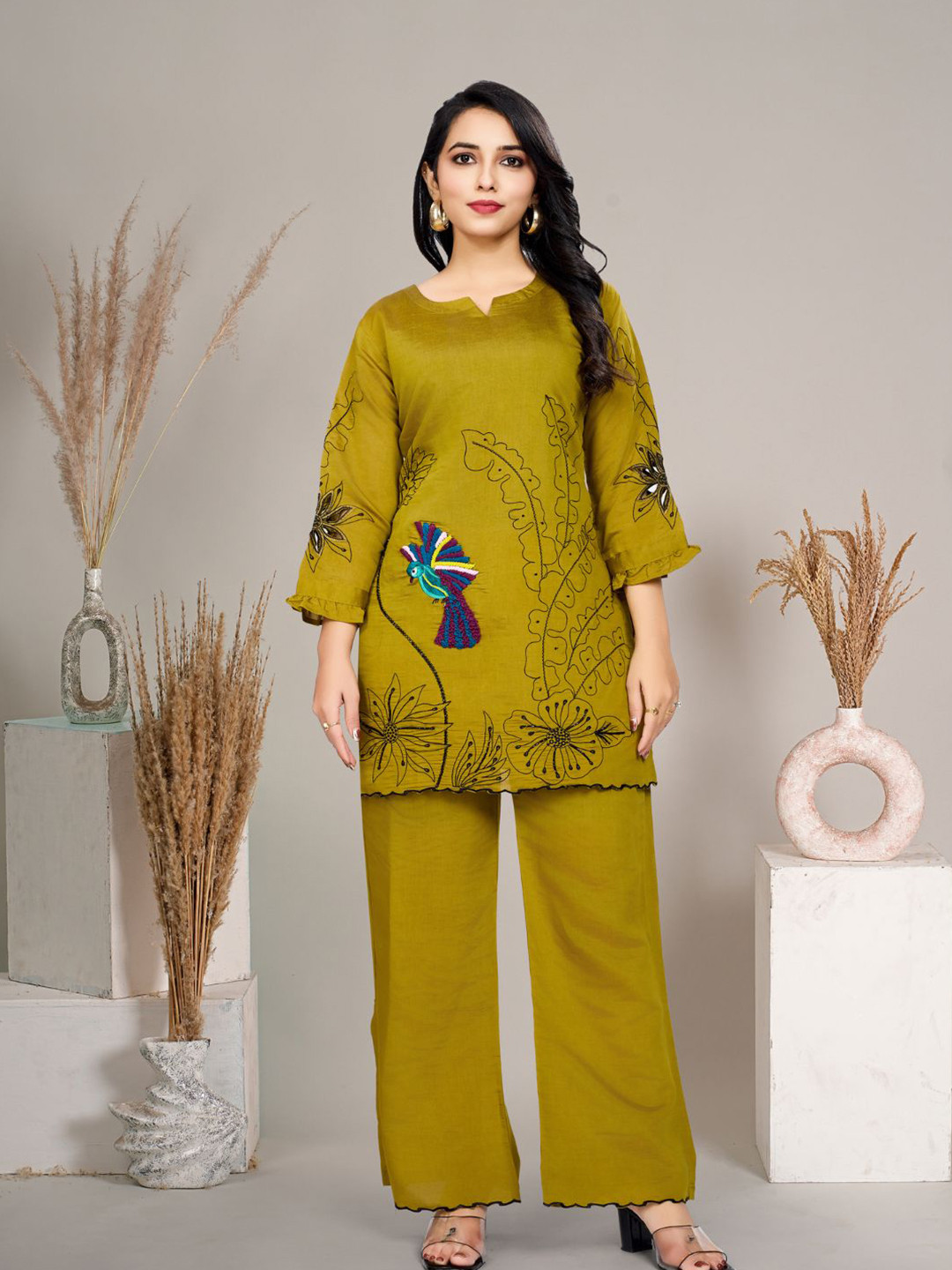 Kaftanize Embroidered Pure Cotton Peacock Muslin Tunic Set With Cut Work