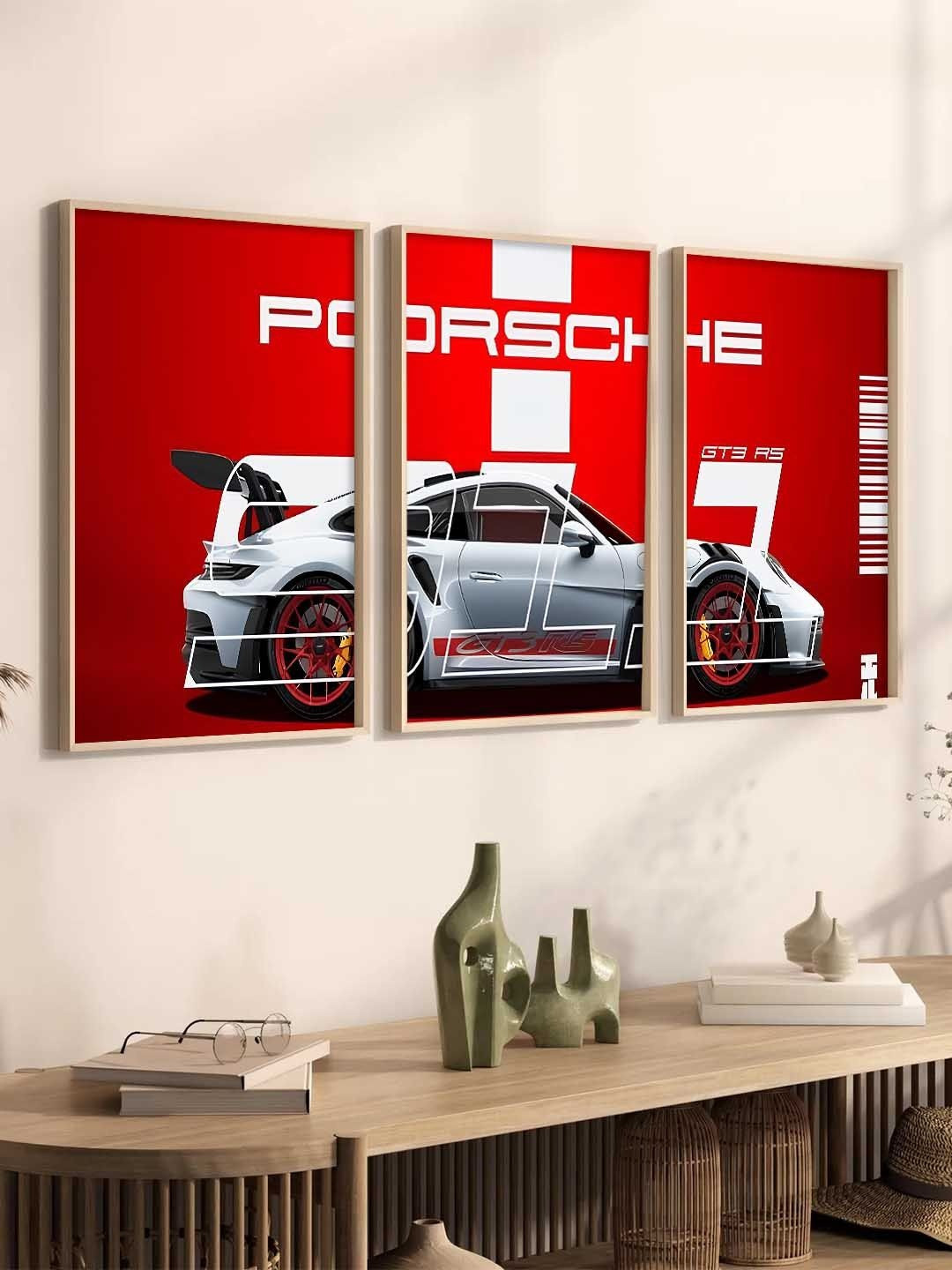 WALLLANE Red And White 3 Pieces Wooden Sports Car Framed Wall Photographs
