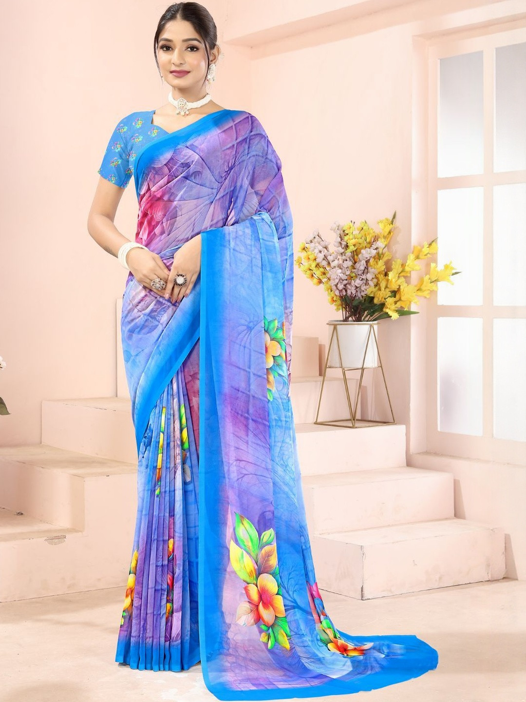 ZAMUNA Floral Printed Pure Georgette Leheriya Saree with Blouse Piece