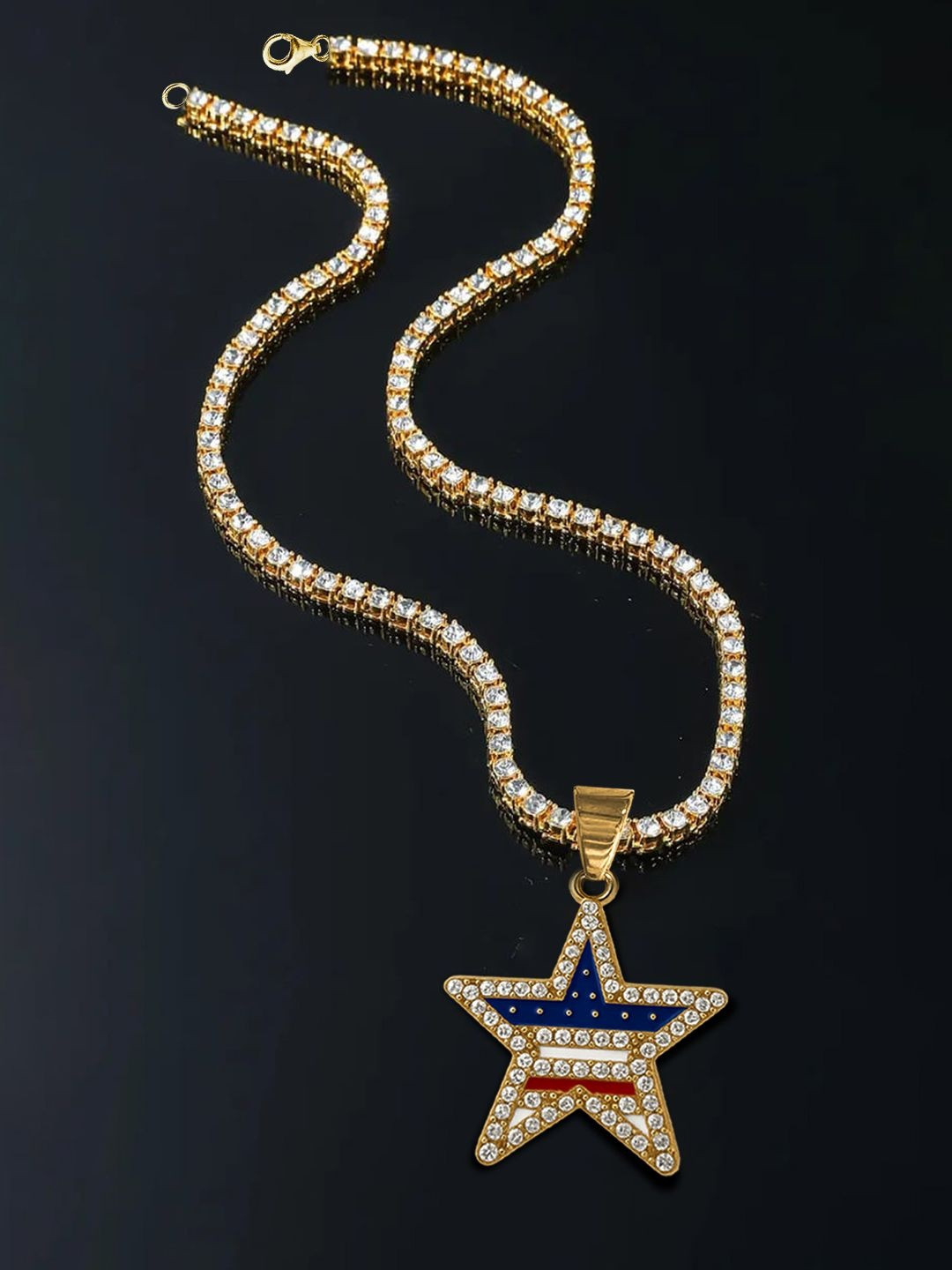 KRENOZ Men Stainless Steel Gold-Plated Rhinestone Studded Star Shaped Pendant With Chain