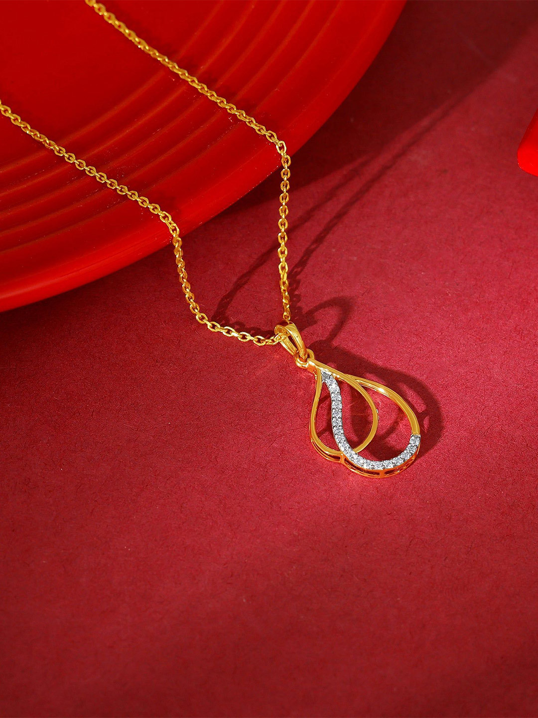 GIVA Women Gold Dual Dewdrop Diamond Pendant