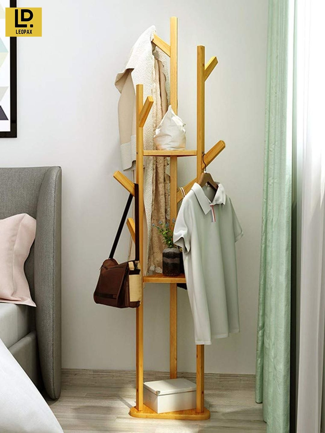 LEOPAX Beige Set of 1 Bamboo Clothes Rack Stand